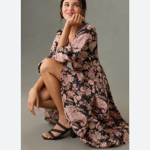 Brand New KIVARI V-NECK PUFF-SLEEVE LINEN DRESS - Picture 1 of 11